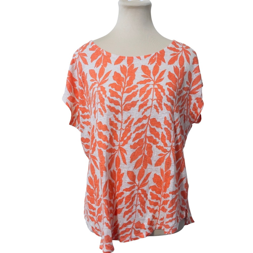 Rachel Zoe Linen Leaf Print Top XL Orange Coastal Summer‎ Resortwear Chic Casual